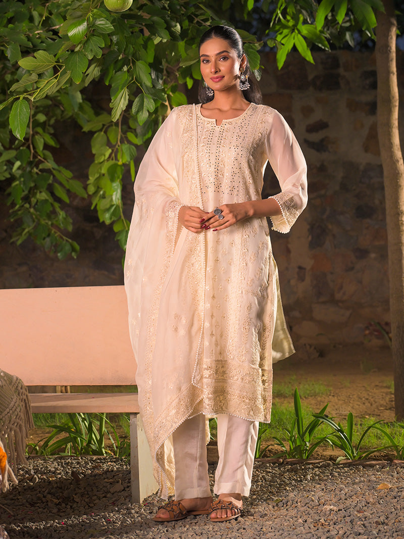 Kaira Embroidered Organza Kurta Set with Dupatta - Ivory