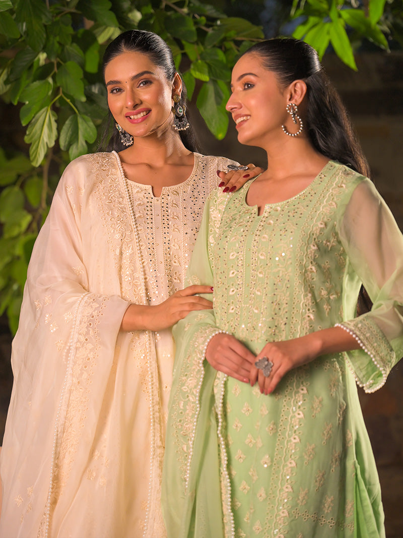 Kaira Embroidered Organza Kurta Set with Dupatta - Mint Bloom