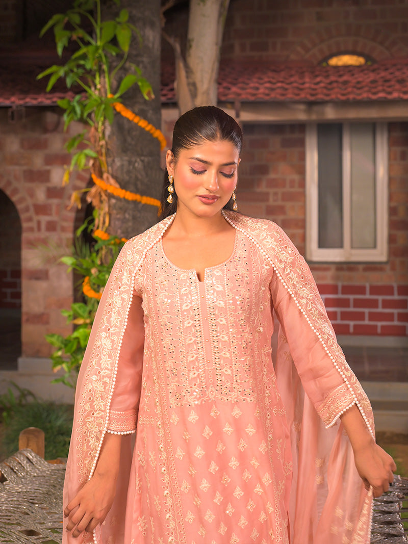 Kaira Embroidered Organza Kurta Set with Dupatta - Blush Pink