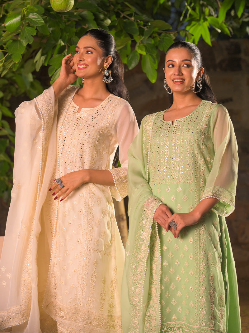 Kaira Embroidered Organza Kurta Set with Dupatta - Mint Bloom