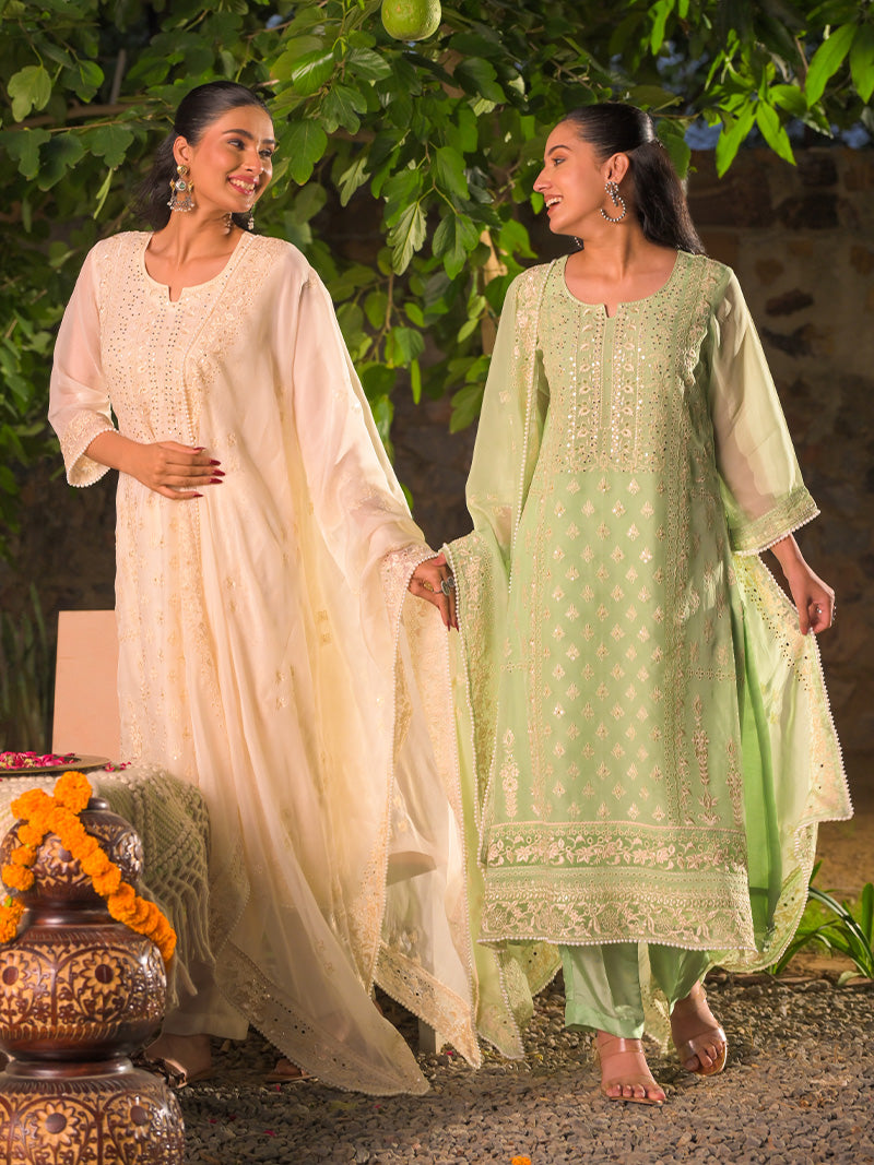 Kaira Embroidered Organza Kurta Set with Dupatta - Ivory