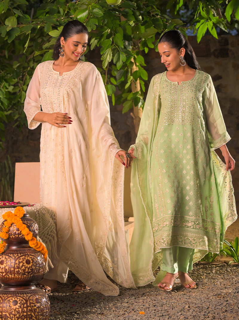 Kaira Embroidered Organza Kurta Set with Dupatta - Ivory