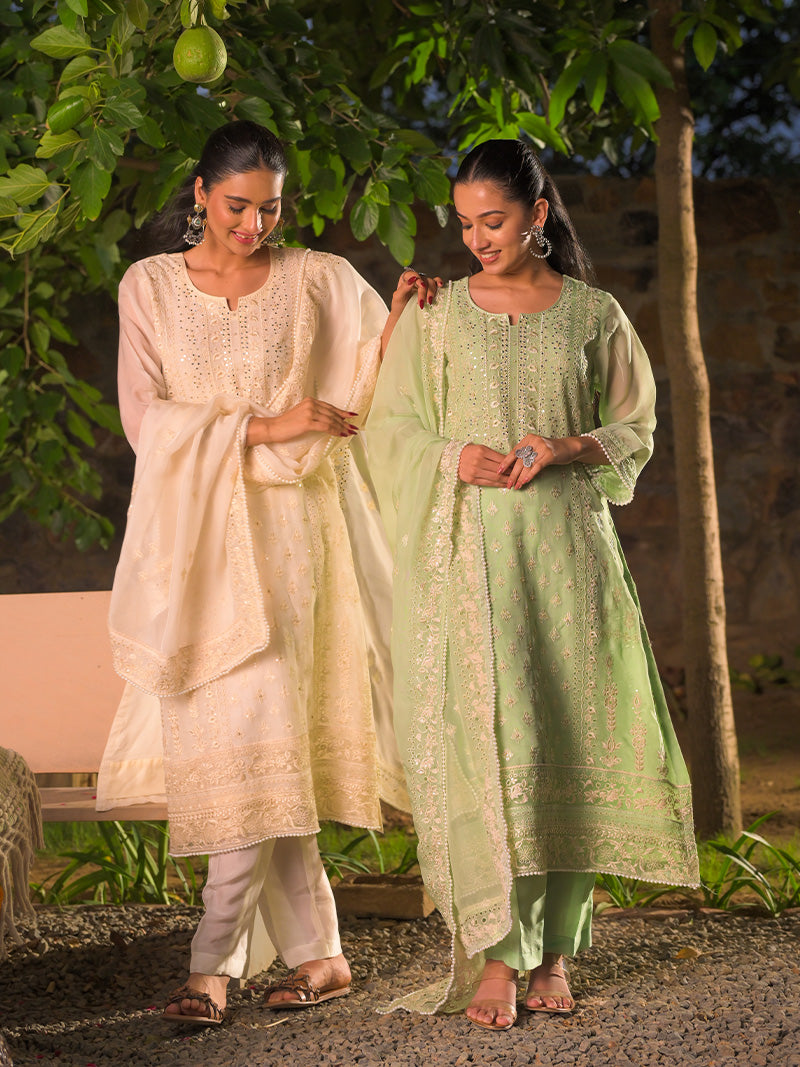 Kaira Embroidered Organza Kurta Set with Dupatta - Ivory