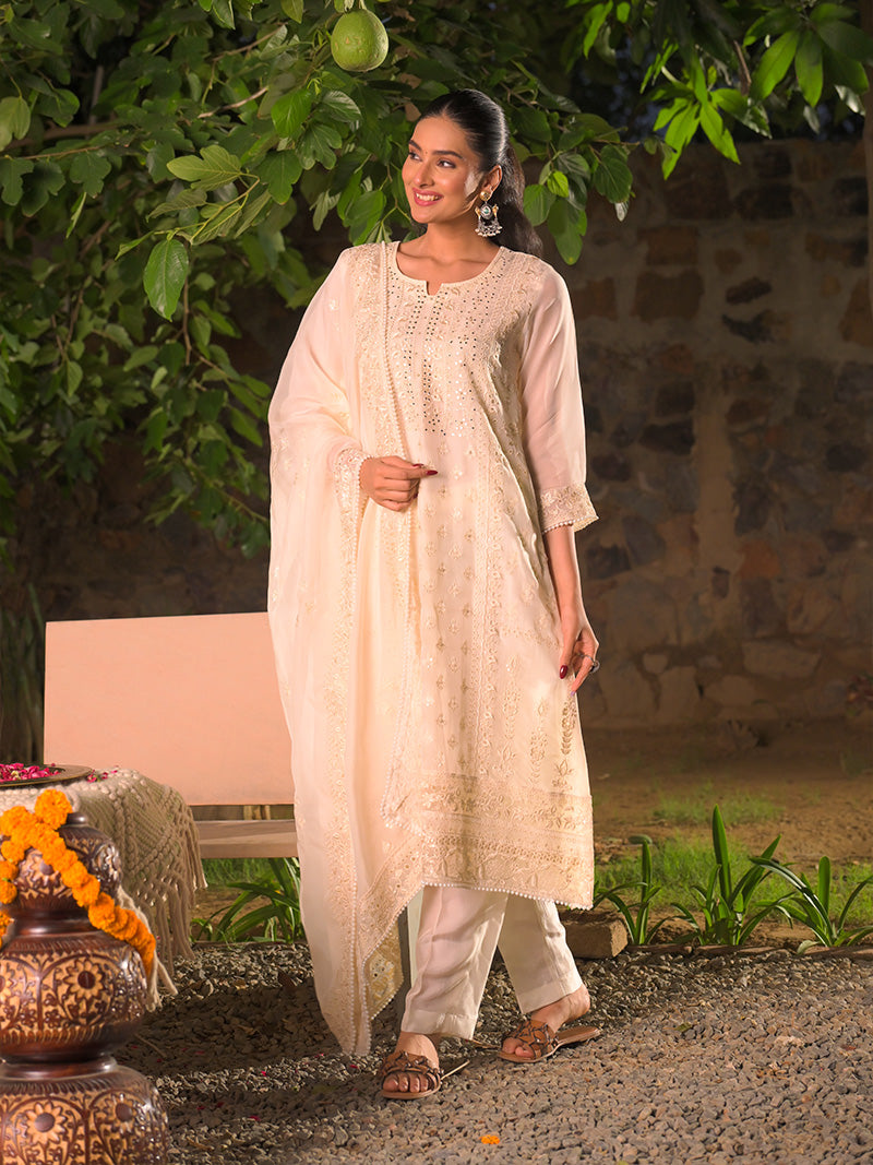 Kaira Embroidered Organza Kurta Set with Dupatta - Ivory