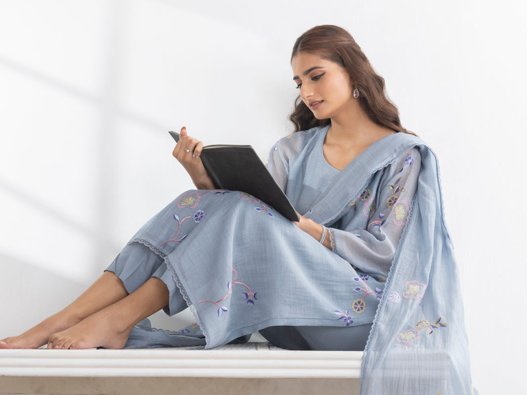 Kashvi Pure Mul Chanderi Embroidered Kurta Set with Dupatta - Powder Blue