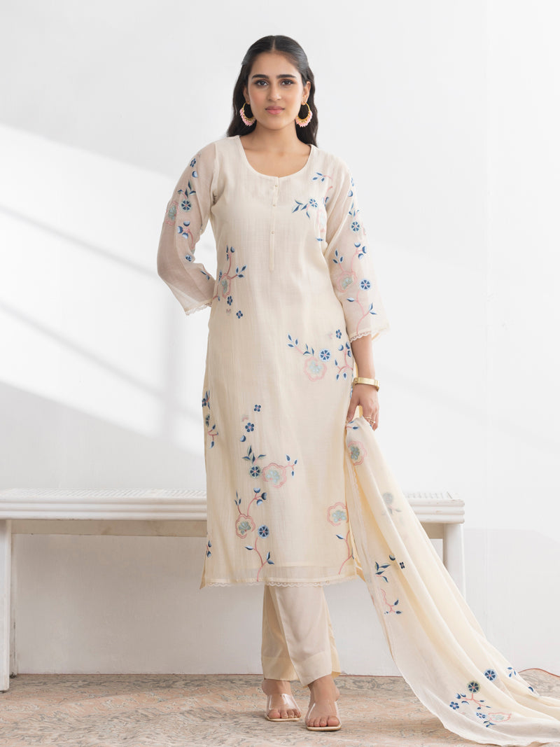 Kashvi Pure Mul Chanderi Embroidered Kurta Set with Dupatta - Ivory White