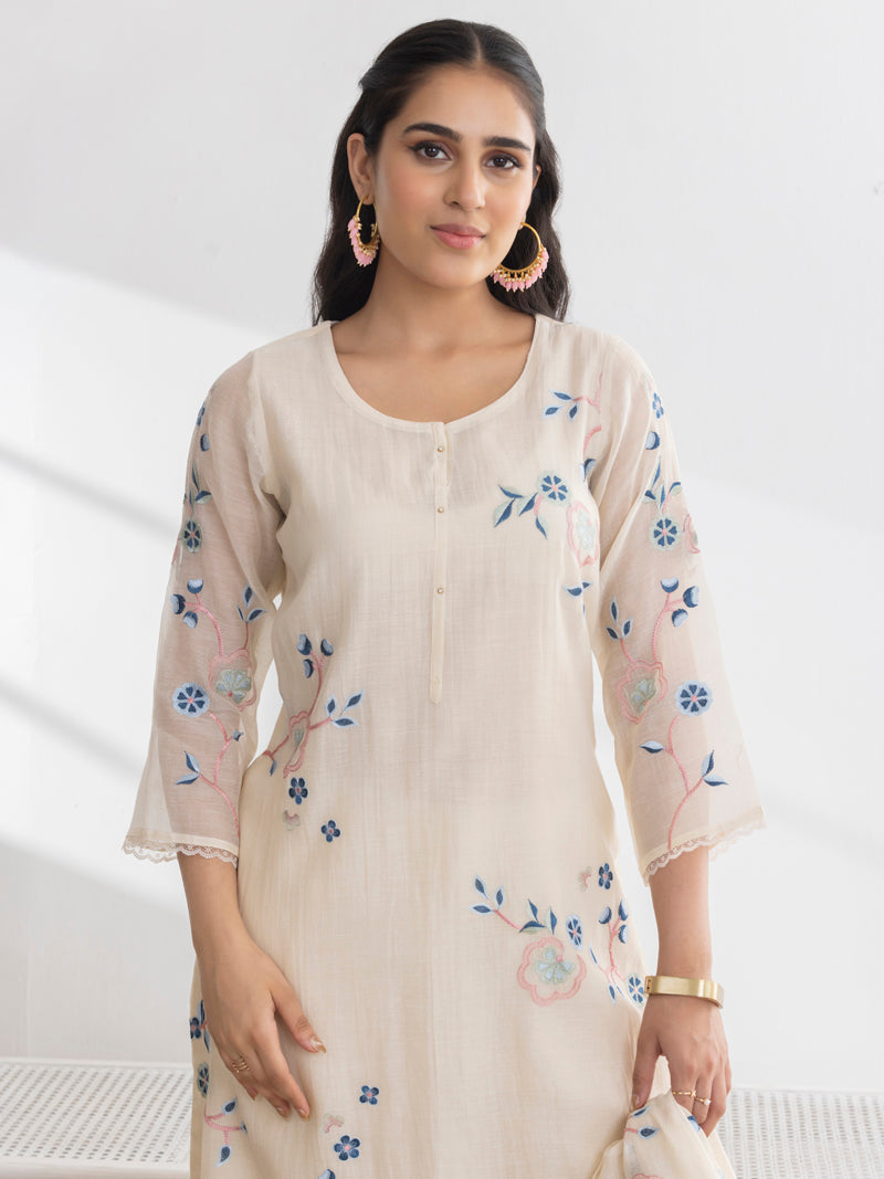 Kashvi Pure Mul Chanderi Embroidered Kurta Set with Dupatta - Ivory White