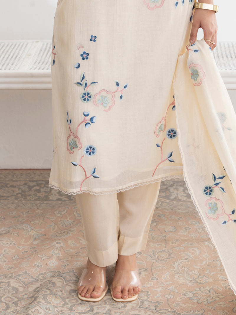 Kashvi Pure Mul Chanderi Embroidered Kurta Set with Dupatta - Ivory White