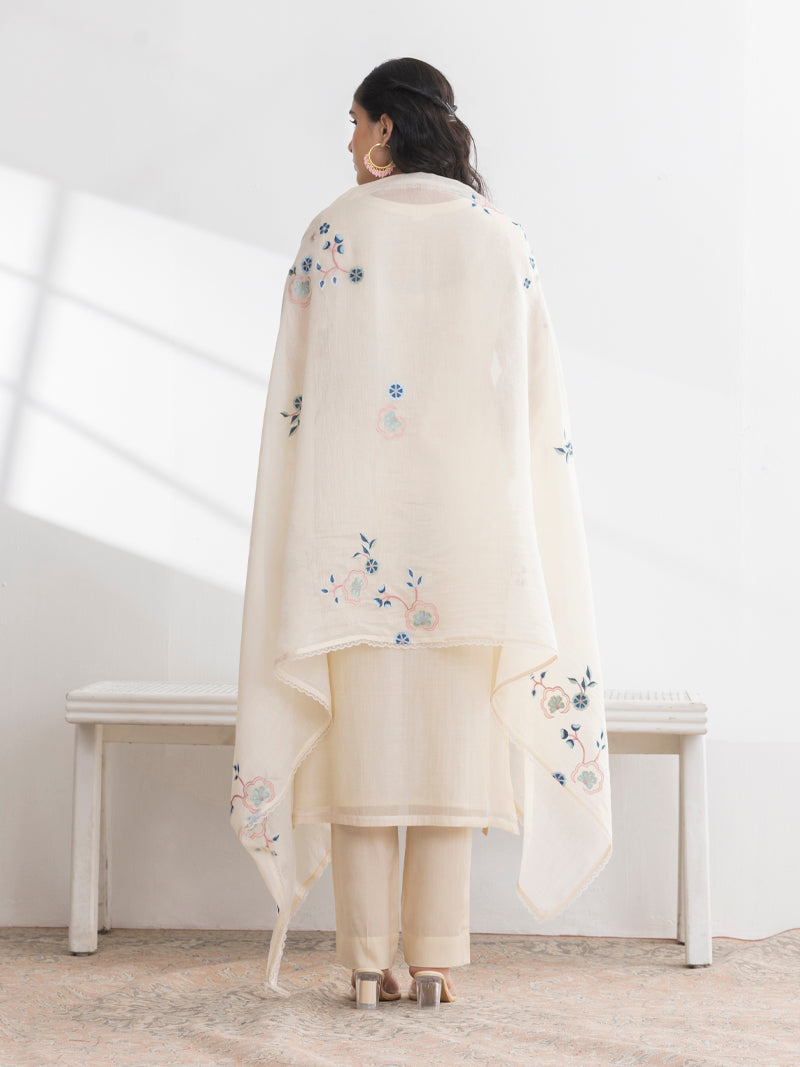 Kashvi Pure Mul Chanderi Embroidered Kurta Set with Dupatta - Ivory White