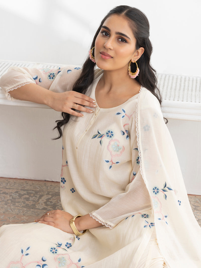 Kashvi Pure Mul Chanderi Embroidered Kurta Set with Dupatta - Ivory White