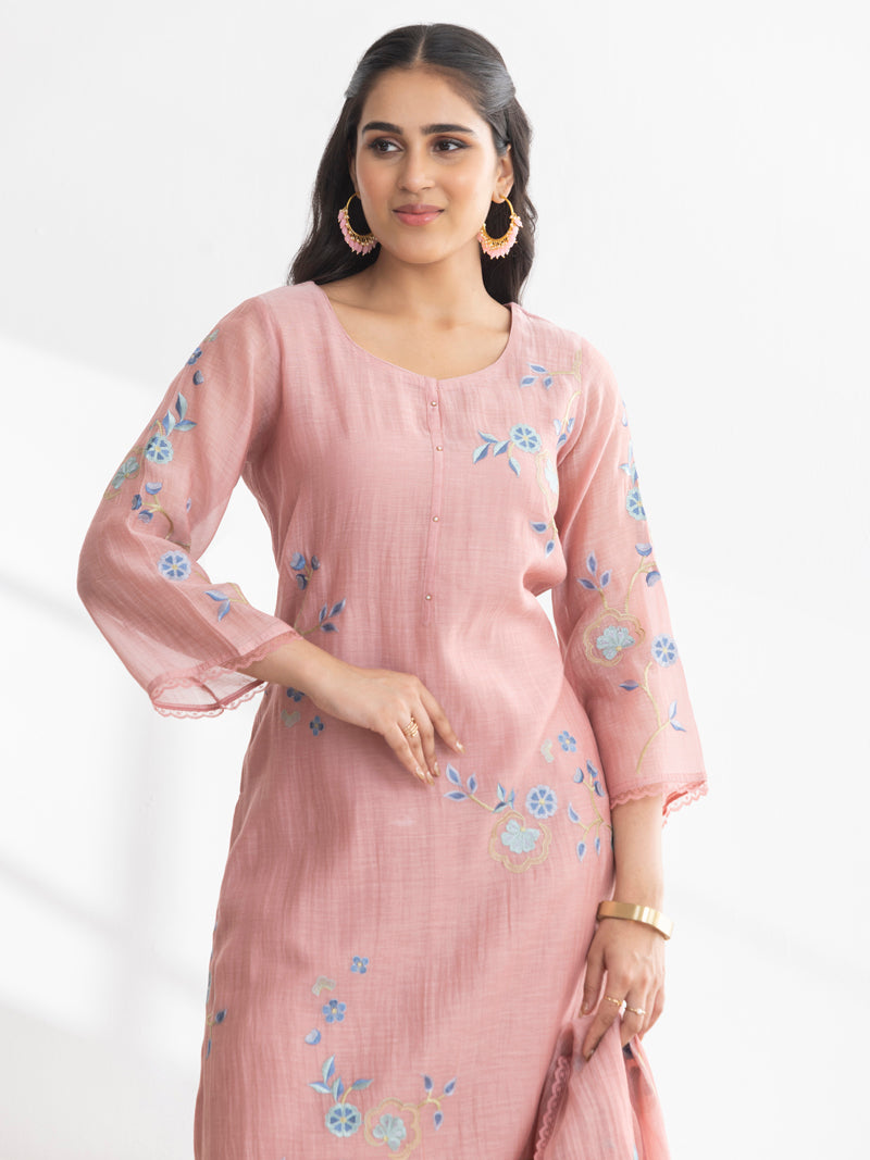 Kashvi Pure Mul Chanderi Embroidered Kurta Set with Dupatta - Blush Pink