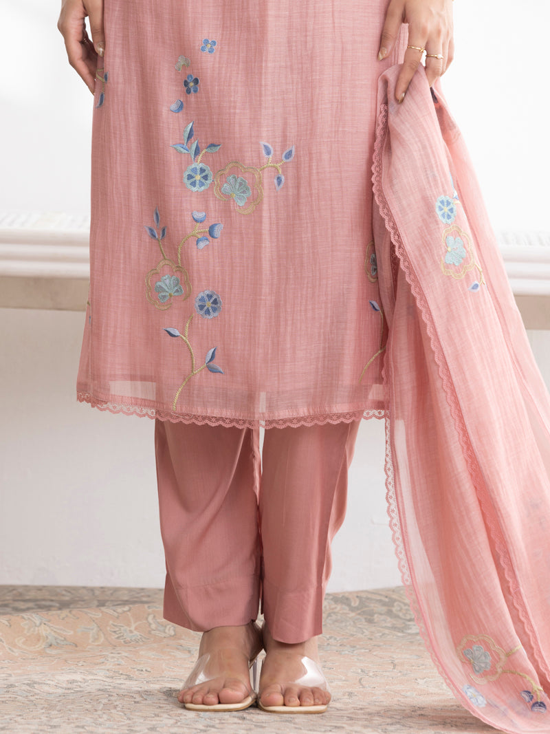 Kashvi Pure Mul Chanderi Embroidered Kurta Set with Dupatta - Blush Pink