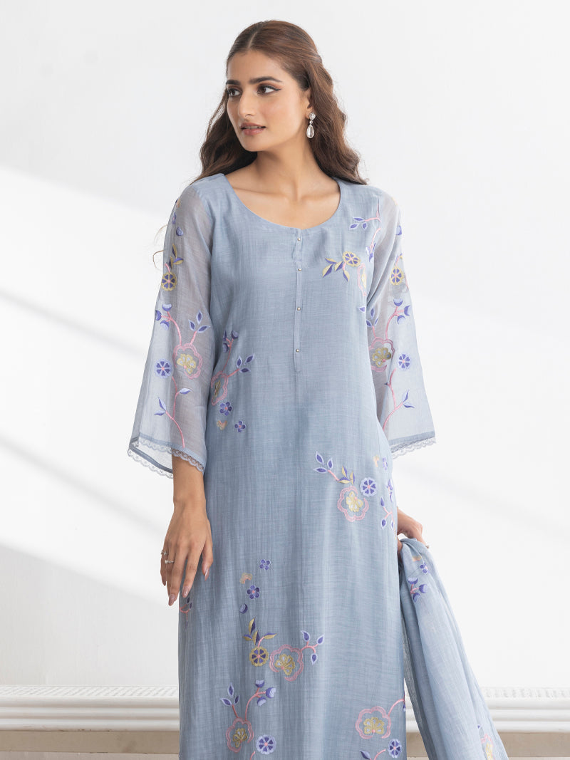 Kashvi Pure Mul Chanderi Embroidered Kurta Set with Dupatta - Powder Blue