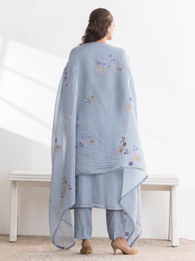 Kashvi Pure Mul Chanderi Embroidered Kurta Set with Dupatta - Powder Blue