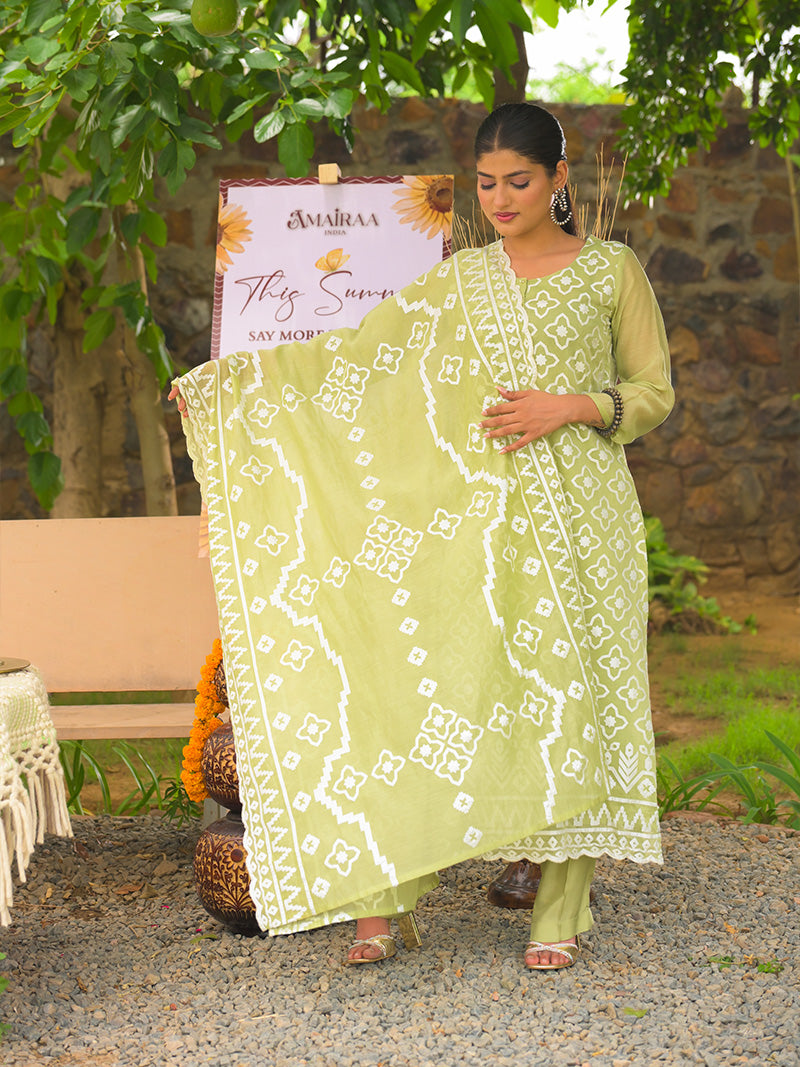 Mayra Pure Mul Chanderi Embroidered Kurta Set with Dupatta - Sunlit Lime