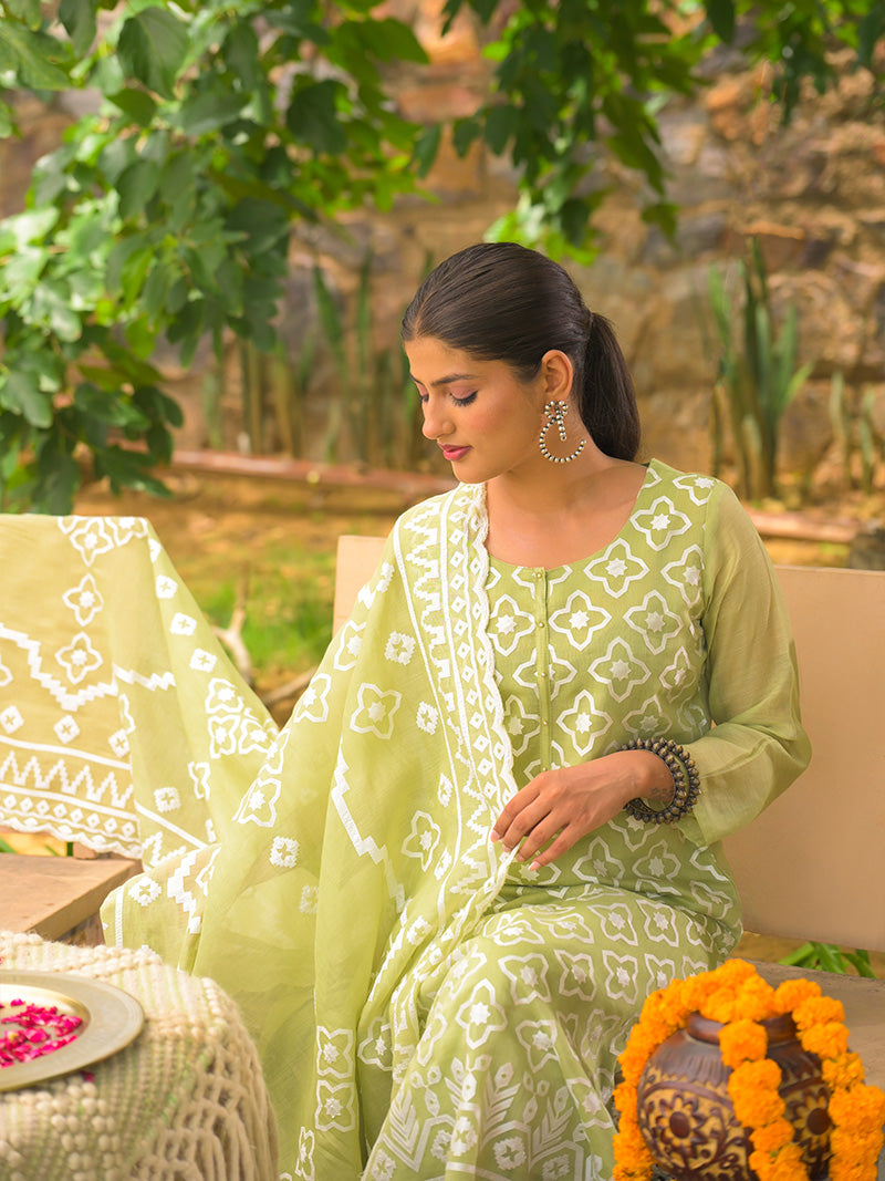 Mayra Pure Mul Chanderi Embroidered Kurta Set with Dupatta - Sunlit Lime