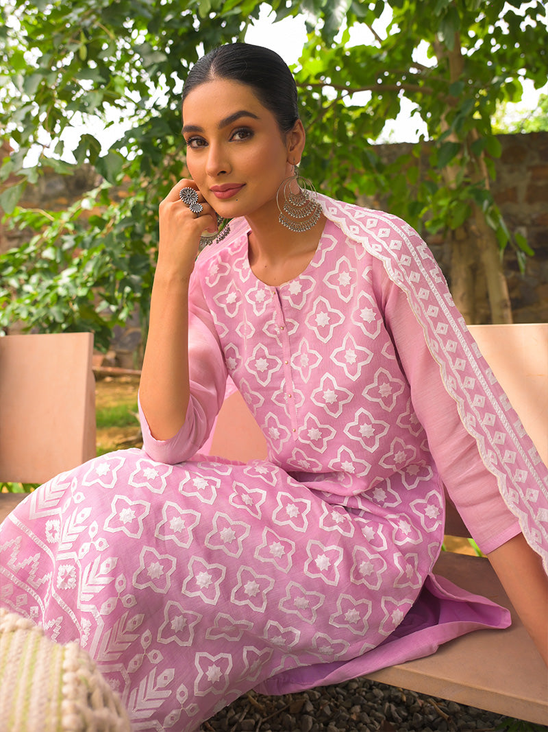 Mayra Pure Mul Chanderi Embroidered Kurta Set with Dupatta - Blush Pink