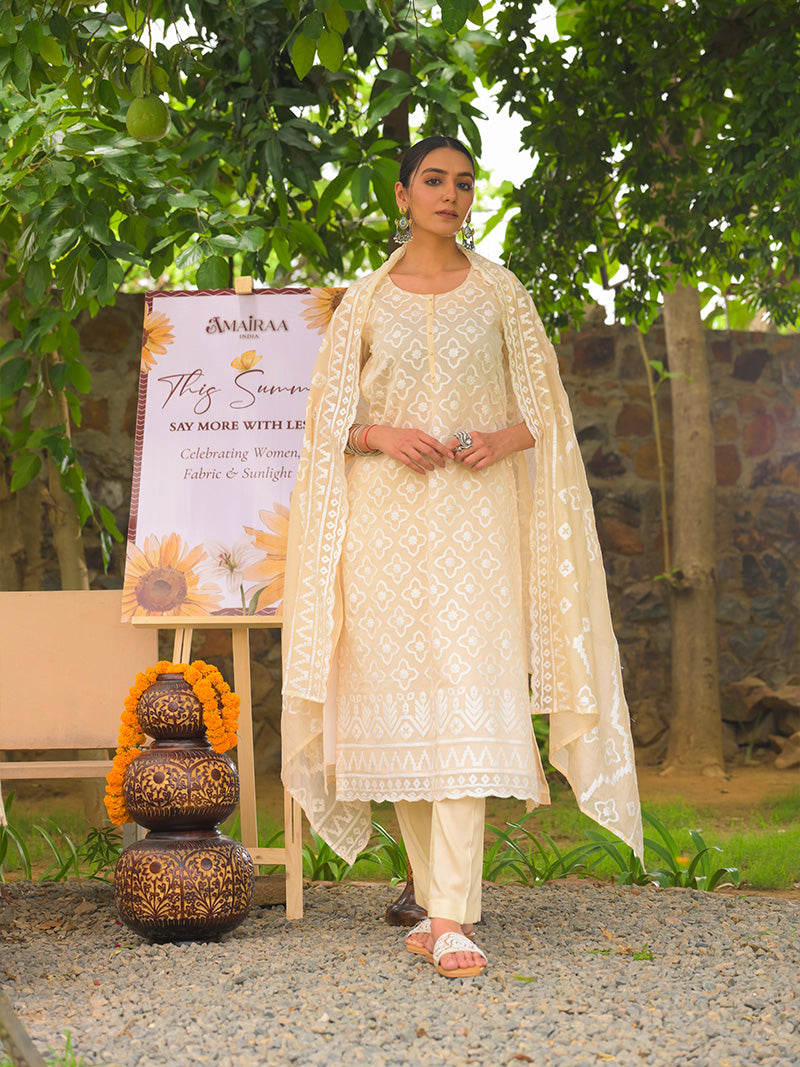 Mayra Pure Mul Chanderi Embroidered Kurta Set with Dupatta - Beige