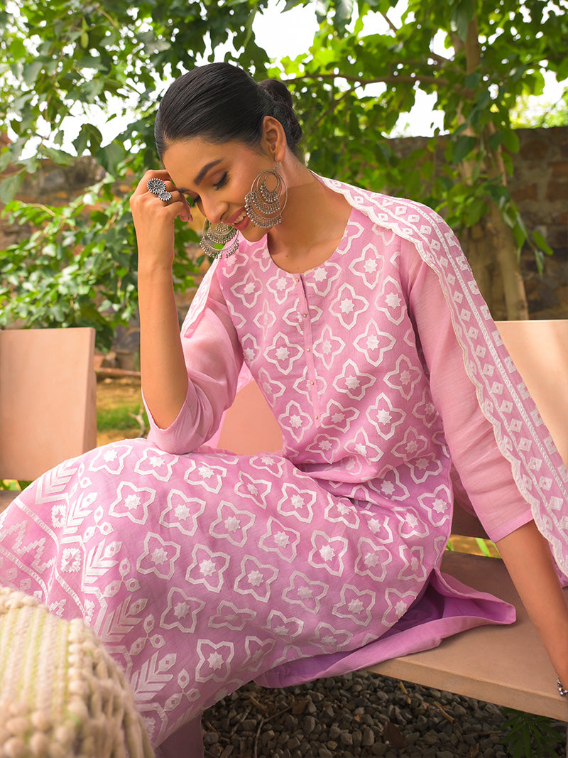 Mayra Pure Mul Chanderi Embroidered Kurta Set with Dupatta - Blush Pink