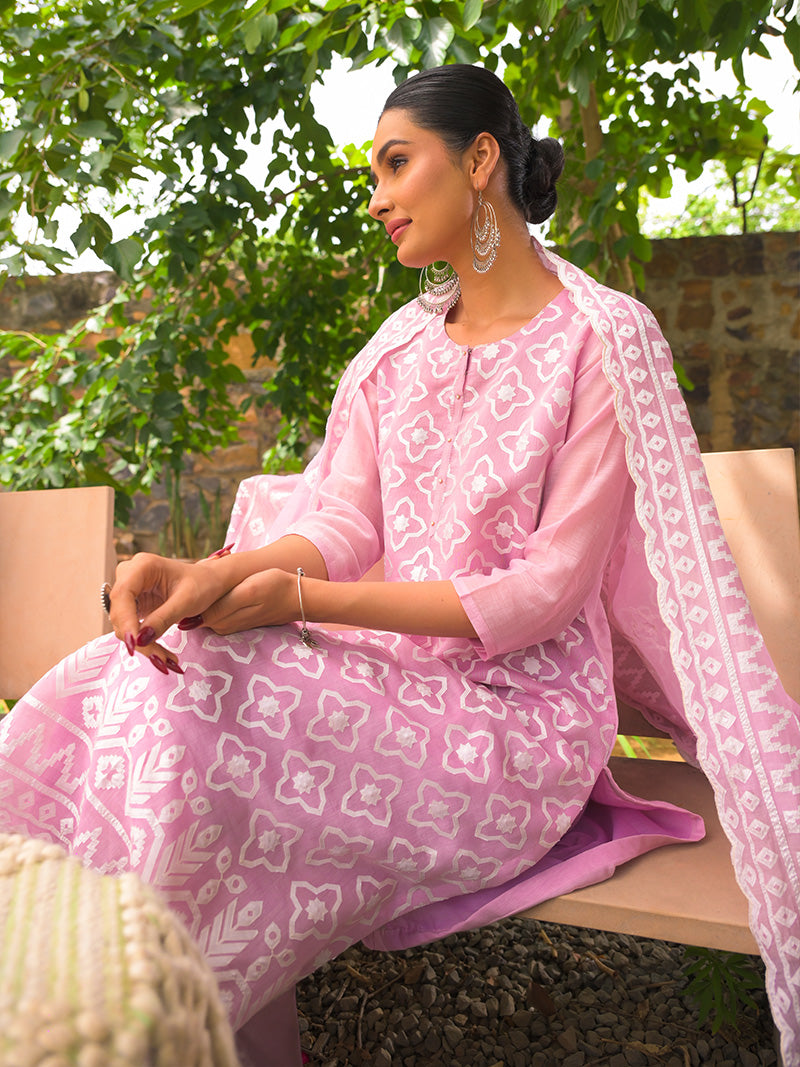 Mayra Pure Mul Chanderi Embroidered Kurta Set with Dupatta - Blush Pink