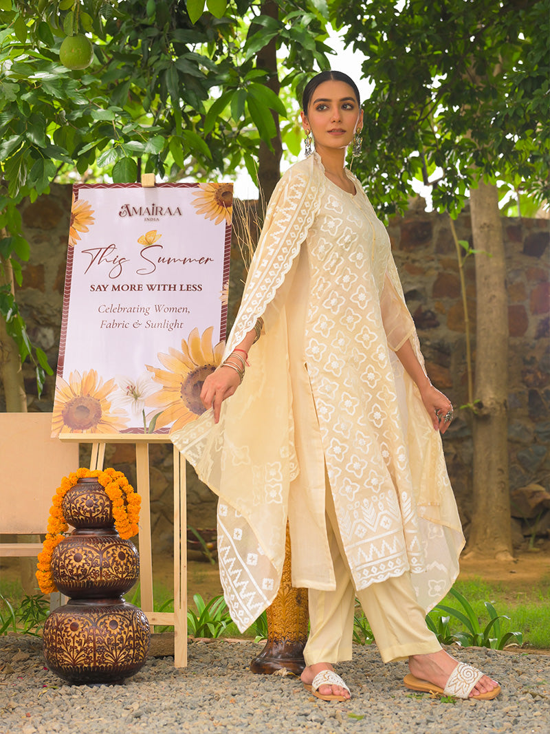 Mayra Pure Mul Chanderi Embroidered Kurta Set with Dupatta - Beige