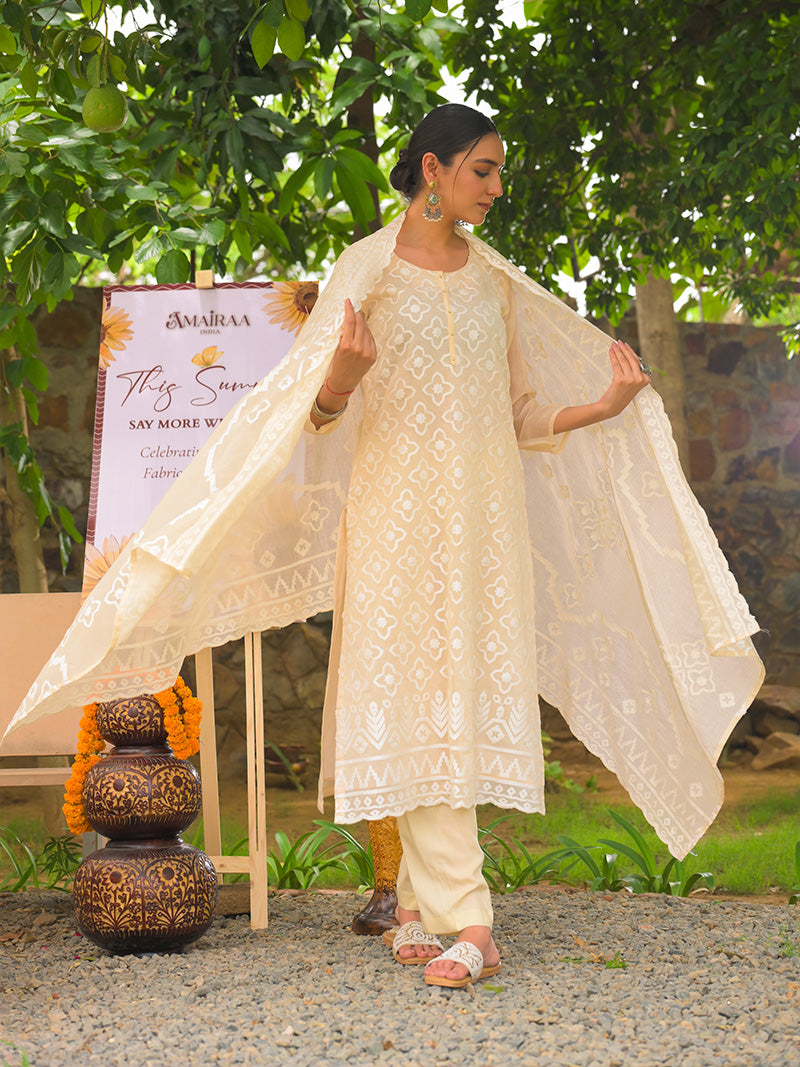 Mayra Pure Mul Chanderi Embroidered Kurta Set with Dupatta - Beige