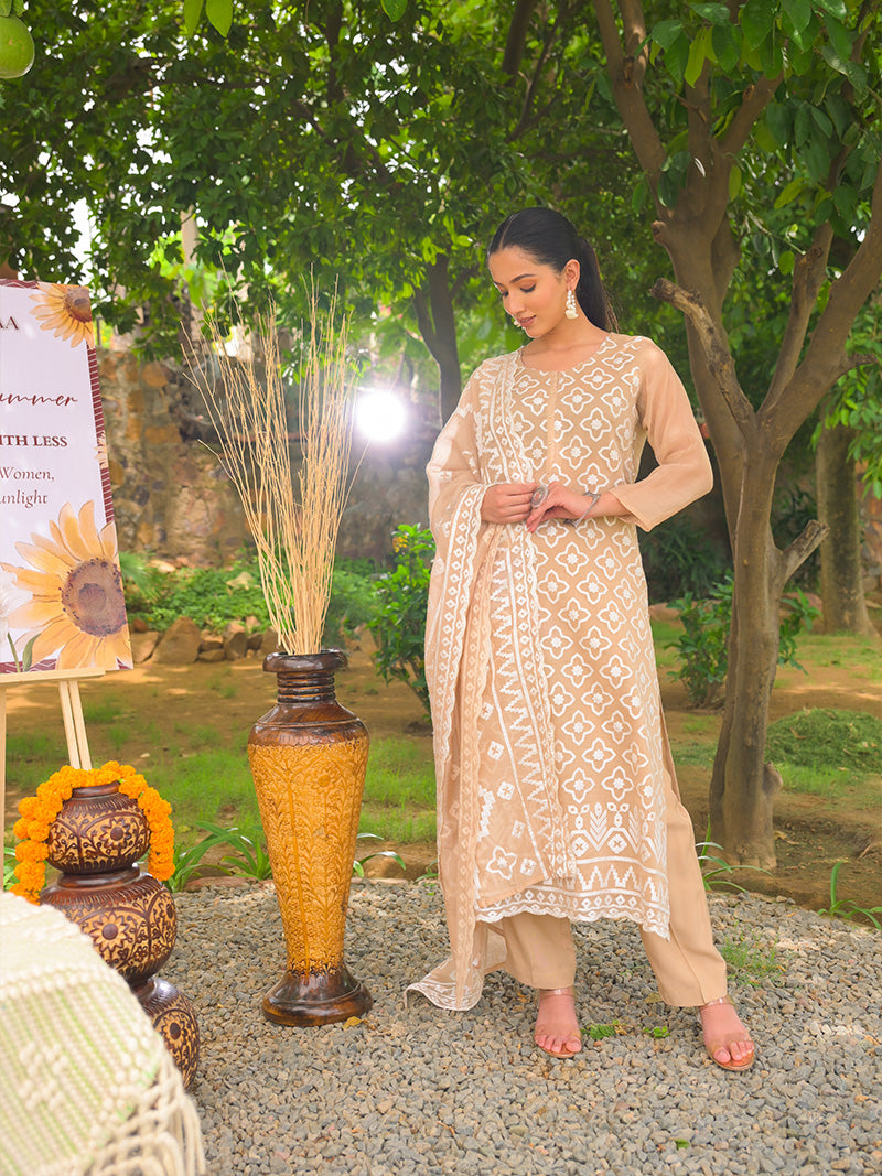 Mayra Pure Mul Chanderi Embroidered Kurta Set with Dupatta - Beige