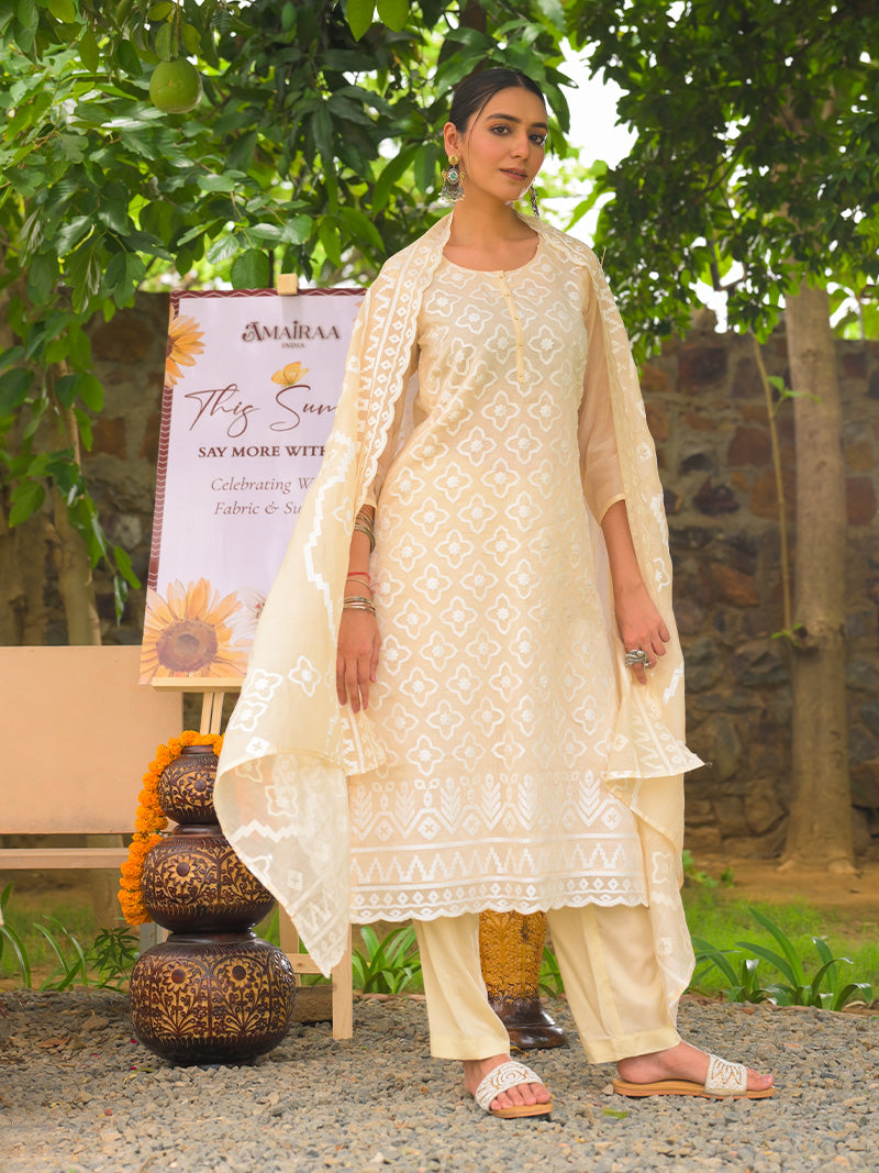 Mayra Pure Mul Chanderi Embroidered Kurta Set with Dupatta - Beige