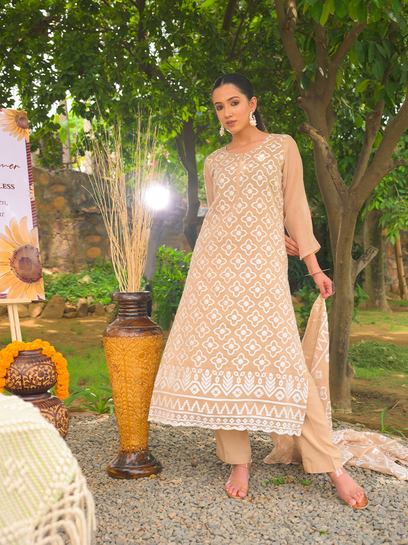 Mayra Pure Mul Chanderi Embroidered Kurta Set with Dupatta - Beige