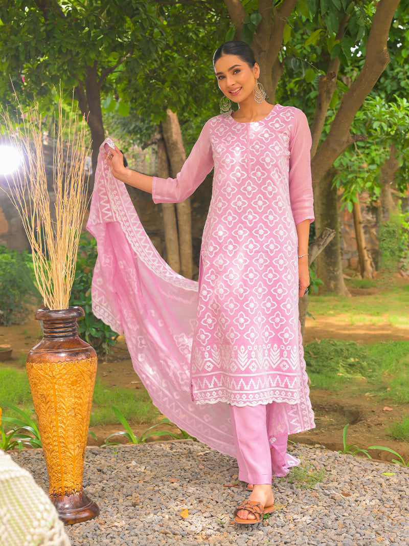 Mayra Pure Mul Chanderi Embroidered Kurta Set with Dupatta - Blush Pink