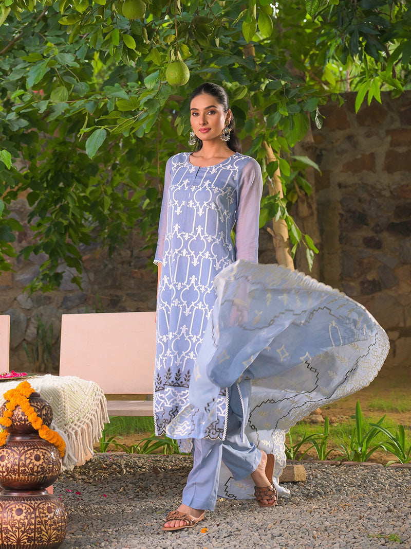 Navya Pure Mul Chanderi Embroidered Kurta Set with Dupatta - Powder Blue