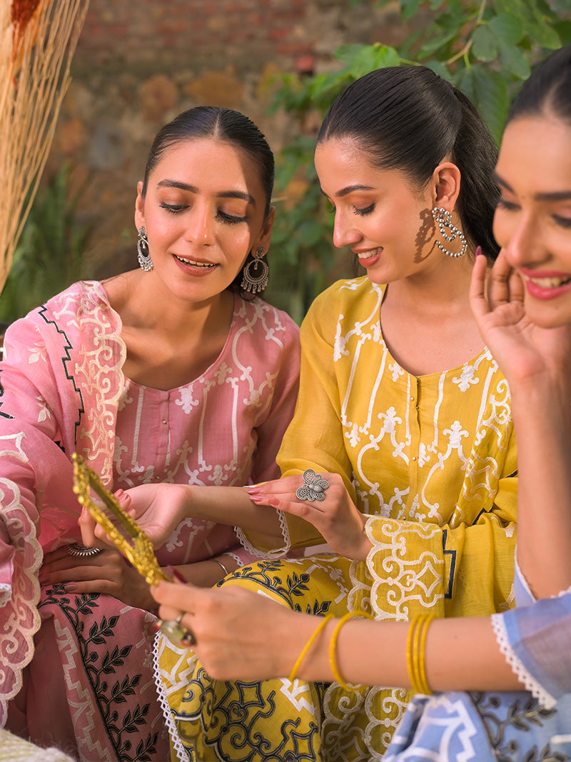 Navya Pure Mul Chanderi Embroidered Kurta Set with Dupatta - Rose Pink