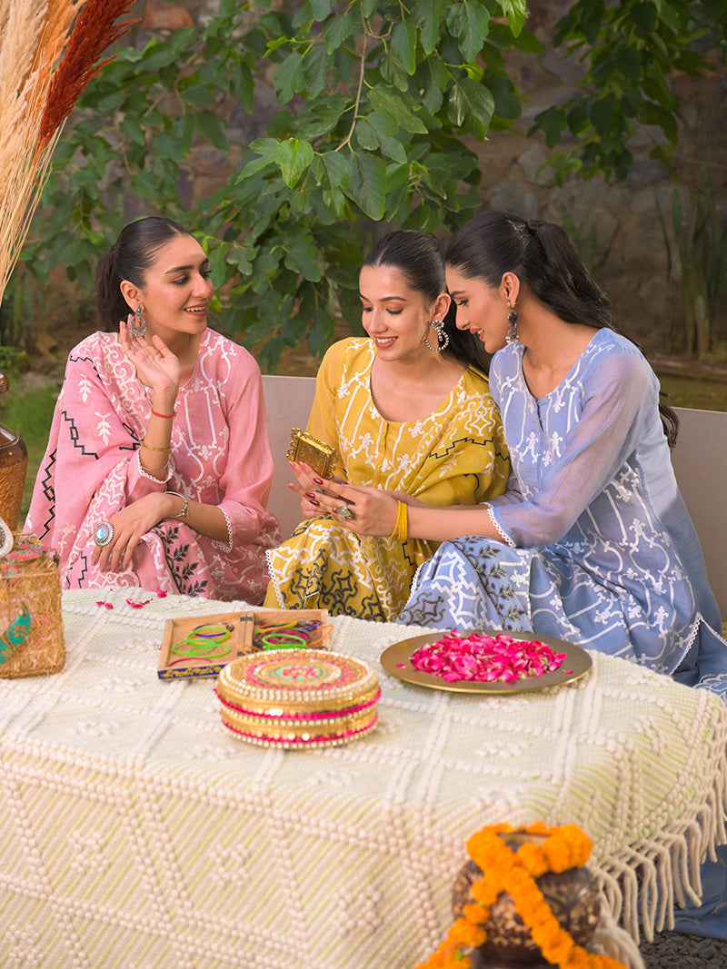 Navya Pure Mul Chanderi Embroidered Kurta Set with Dupatta - Sunset Mustard