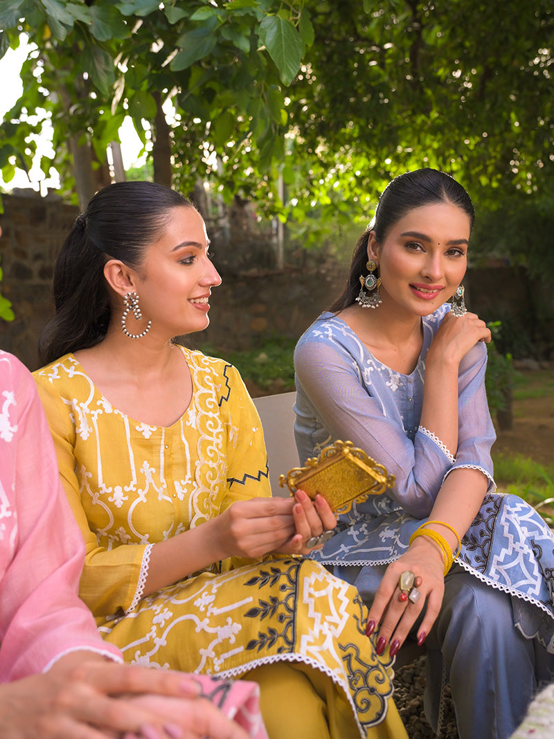 Navya Pure Mul Chanderi Embroidered Kurta Set with Dupatta - Powder Blue