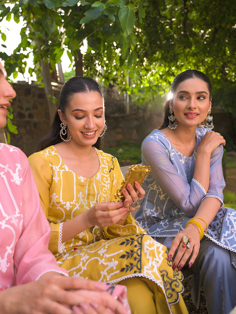 Navya Pure Mul Chanderi Embroidered Kurta Set with Dupatta - Powder Blue