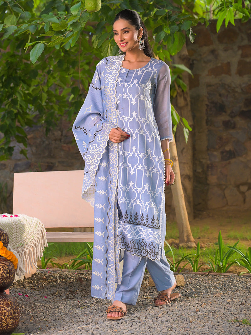 Navya Pure Mul Chanderi Embroidered Kurta Set with Dupatta - Powder Blue
