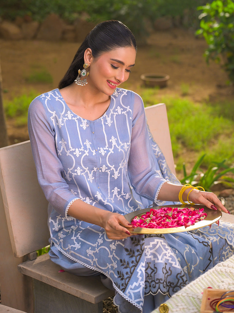 Navya Pure Mul Chanderi Embroidered Kurta Set with Dupatta - Powder Blue