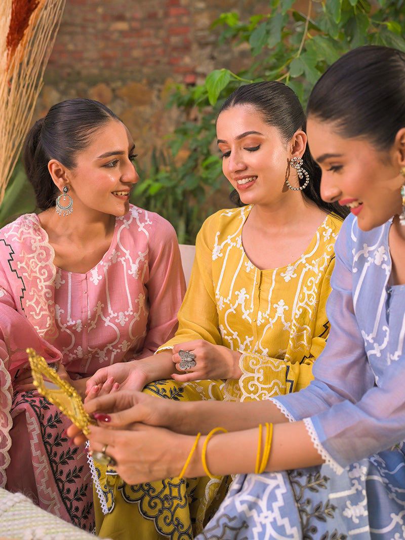 Navya Pure Mul Chanderi Embroidered Kurta Set with Dupatta - Powder Blue