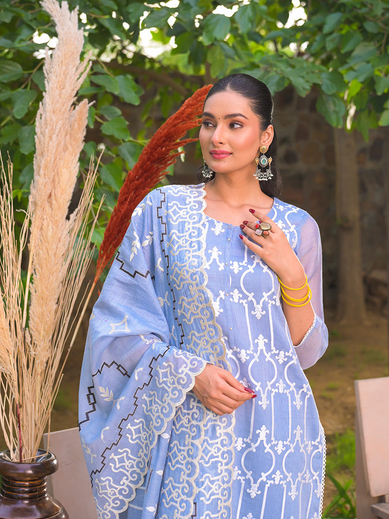 Navya Pure Mul Chanderi Embroidered Kurta Set with Dupatta - Powder Blue