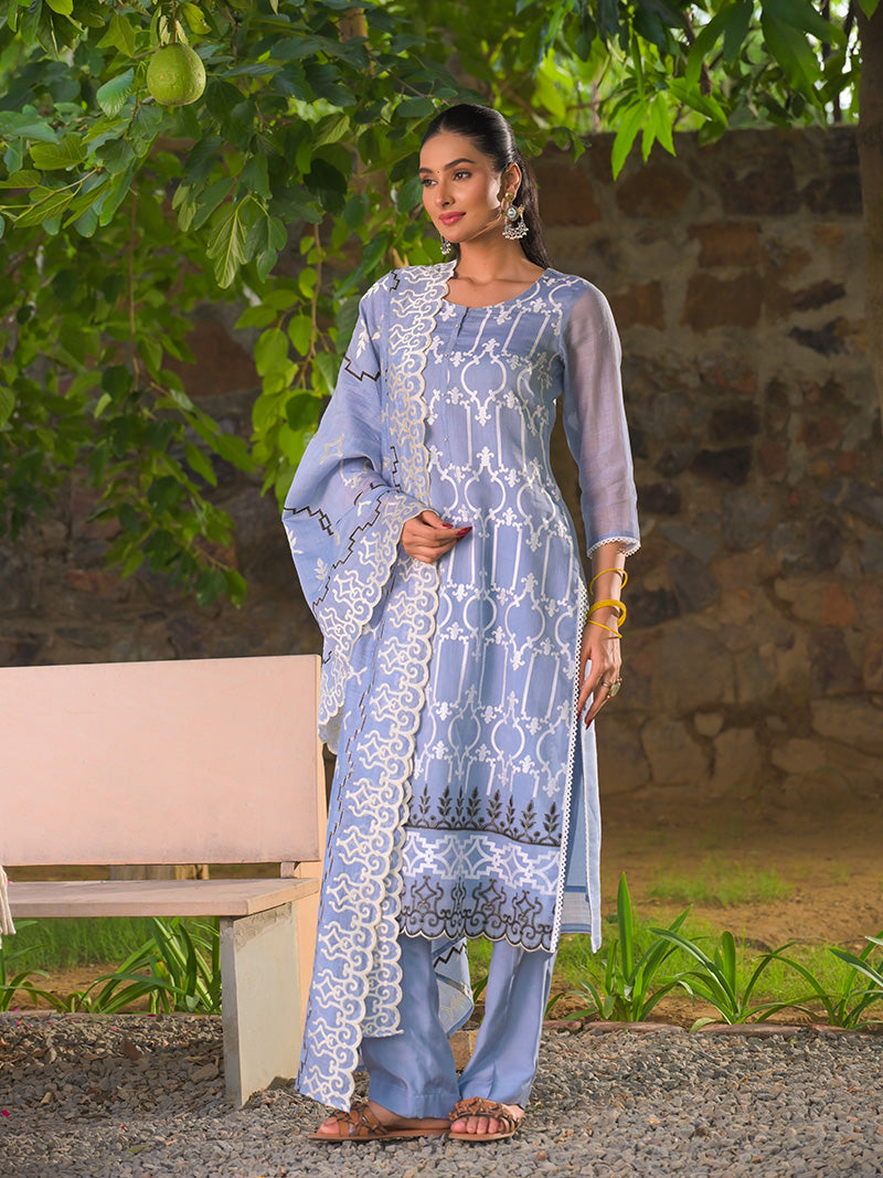 Navya Pure Mul Chanderi Embroidered Kurta Set with Dupatta - Powder Blue