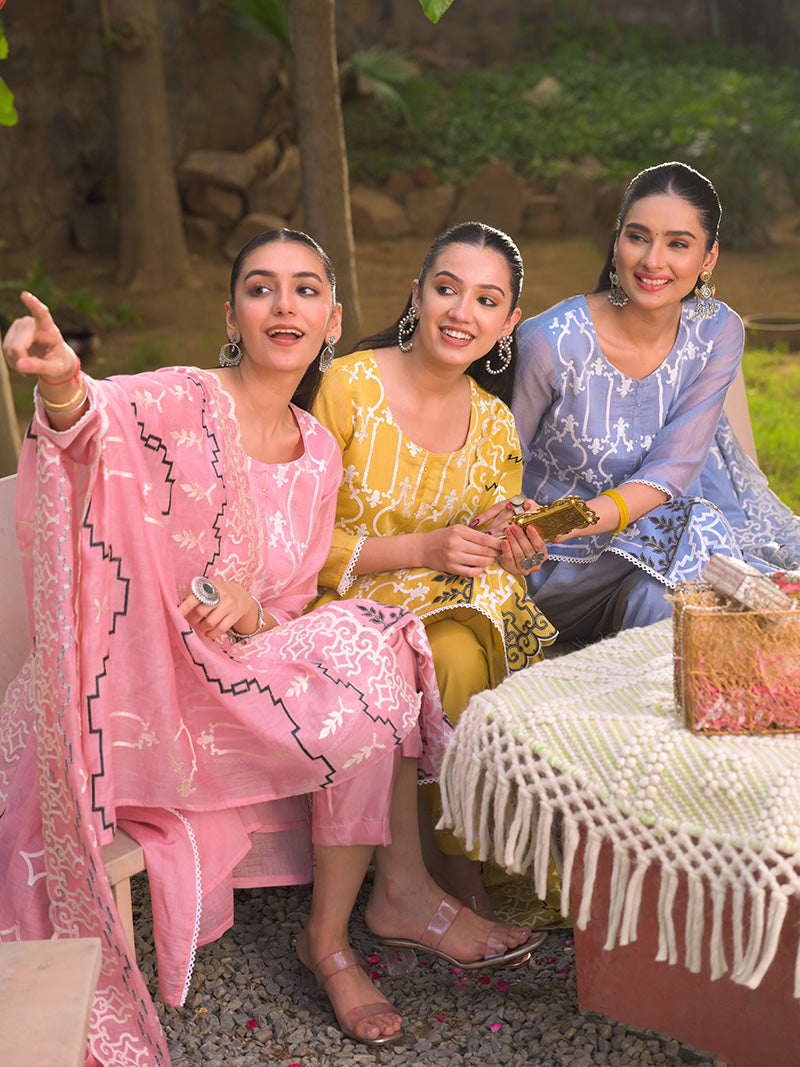 Navya Pure Mul Chanderi Embroidered Kurta Set with Dupatta - Rose Pink