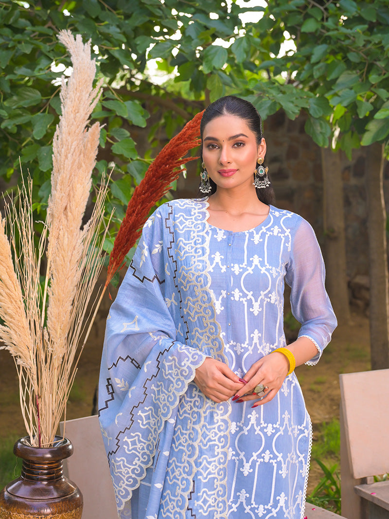 Navya Pure Mul Chanderi Embroidered Kurta Set with Dupatta - Powder Blue