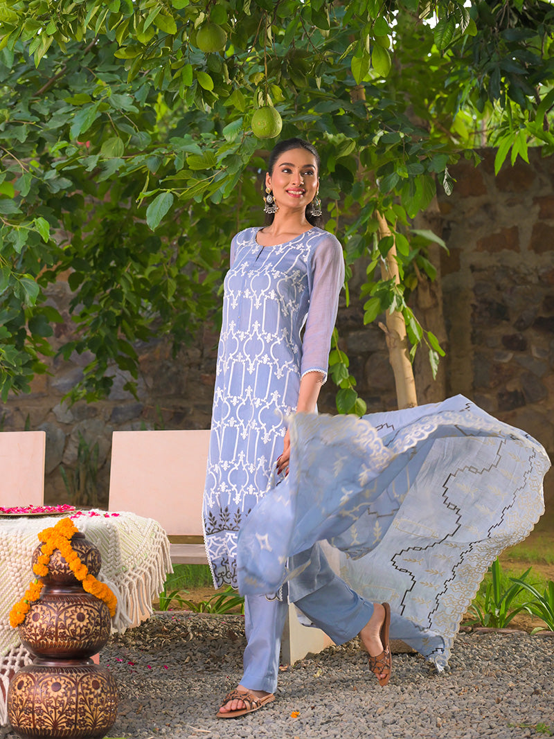 Navya Pure Mul Chanderi Embroidered Kurta Set with Dupatta - Powder Blue