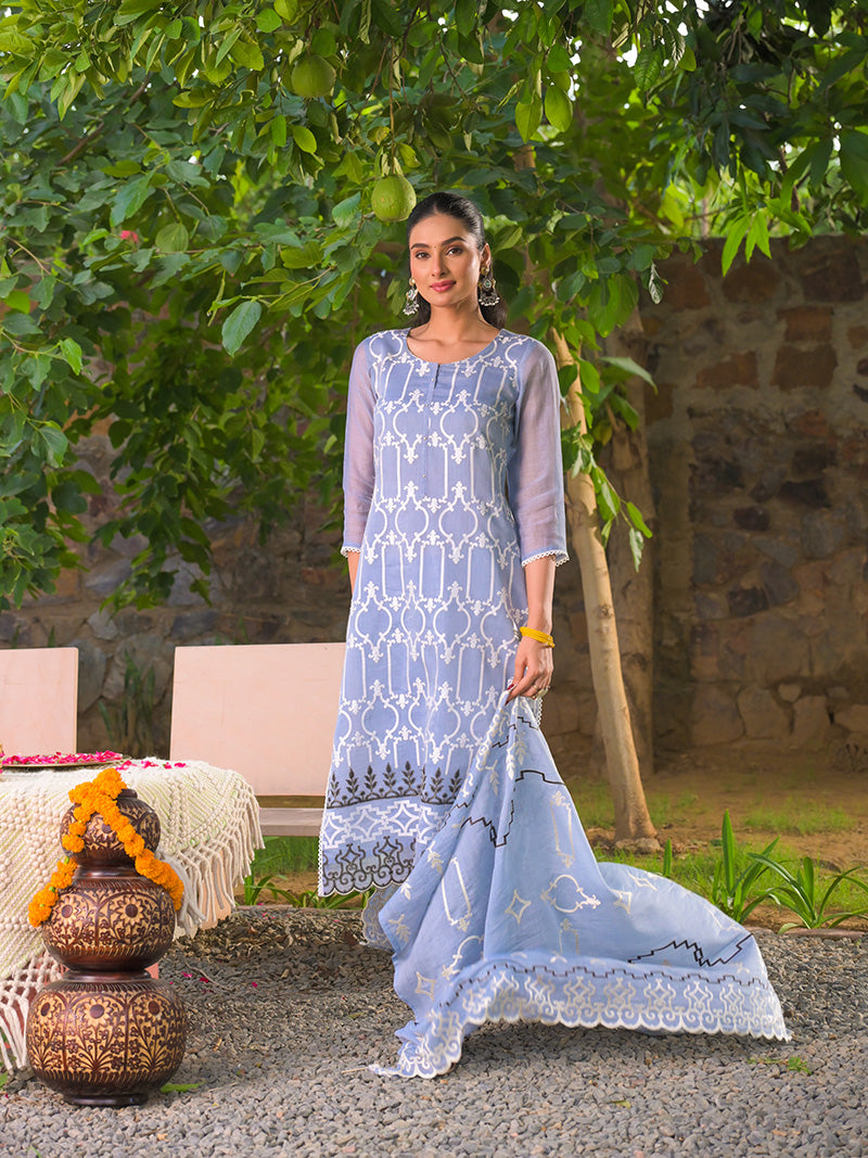 Navya Pure Mul Chanderi Embroidered Kurta Set with Dupatta - Powder Blue