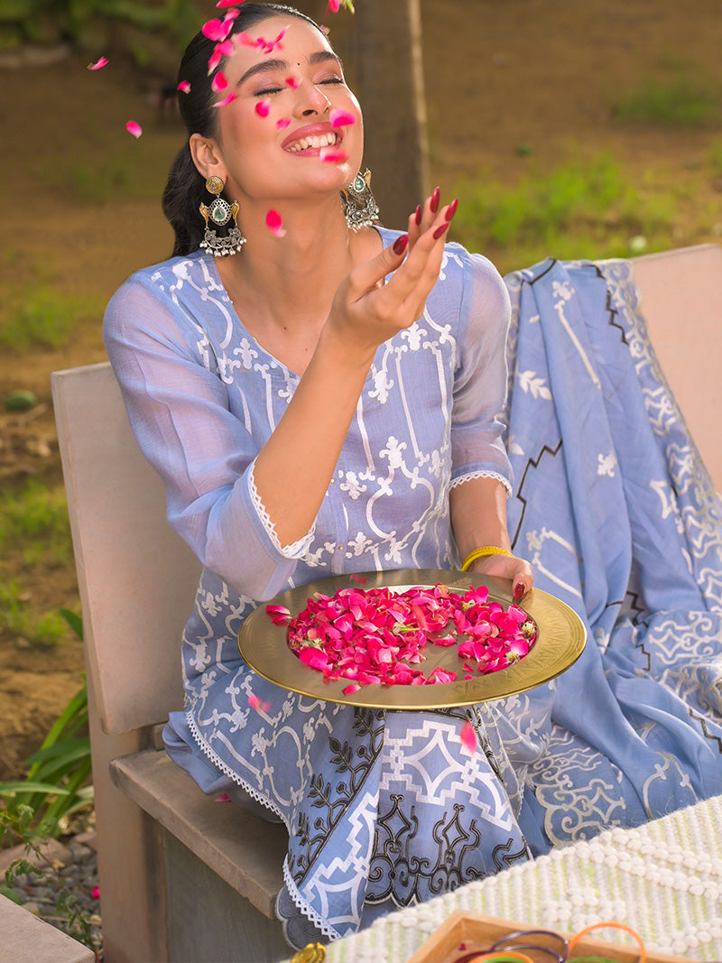 Navya Pure Mul Chanderi Embroidered Kurta Set with Dupatta - Powder Blue