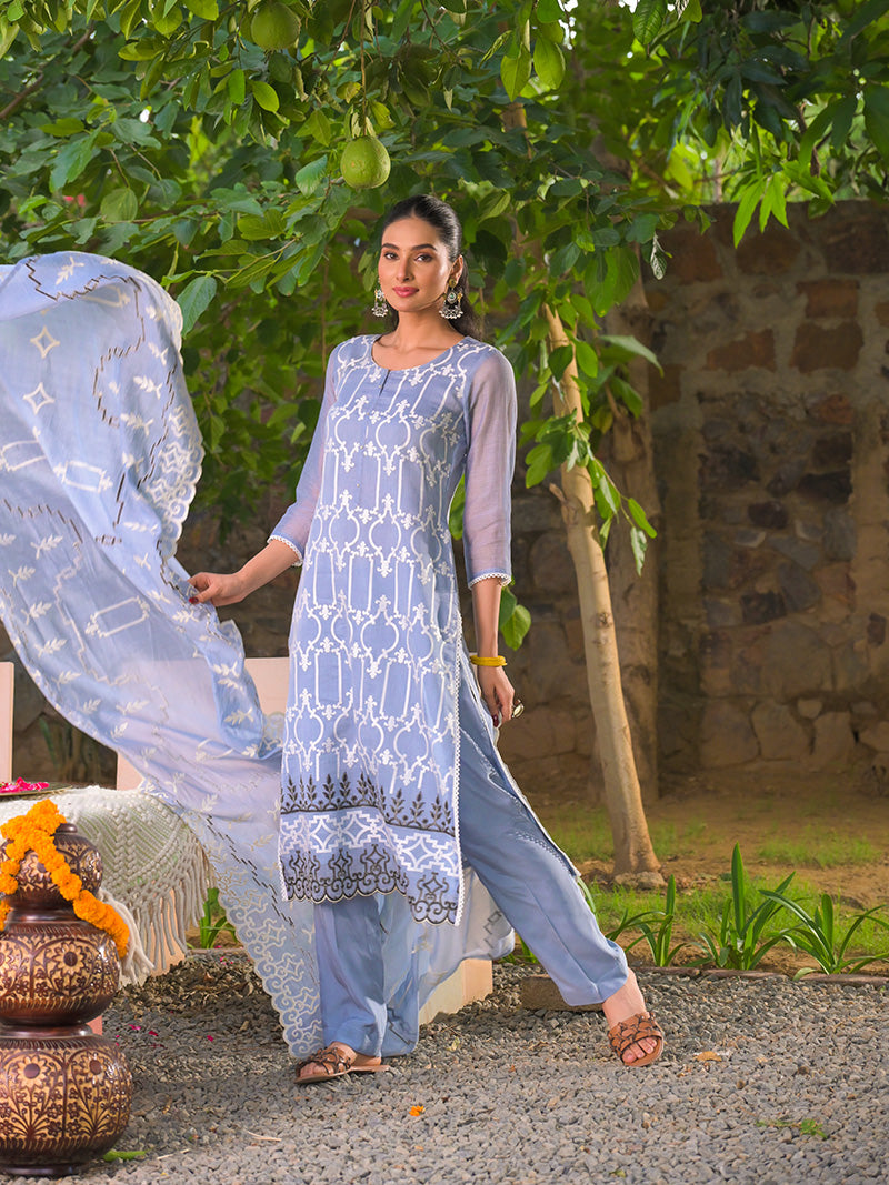 Navya Pure Mul Chanderi Embroidered Kurta Set with Dupatta - Powder Blue