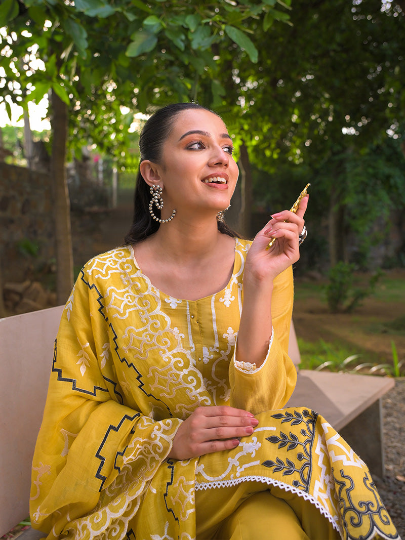 Navya Pure Mul Chanderi Embroidered Kurta Set with Dupatta - Sunset Mustard