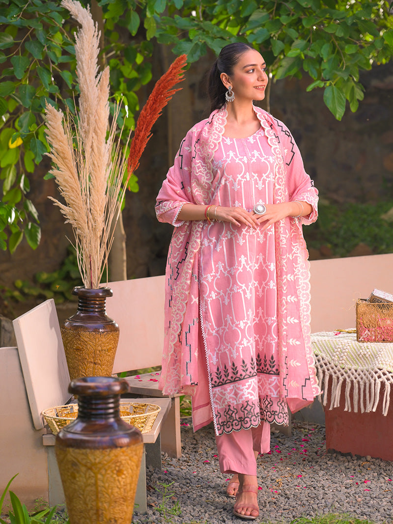 Navya Pure Mul Chanderi Embroidered Kurta Set with Dupatta - Rose Pink