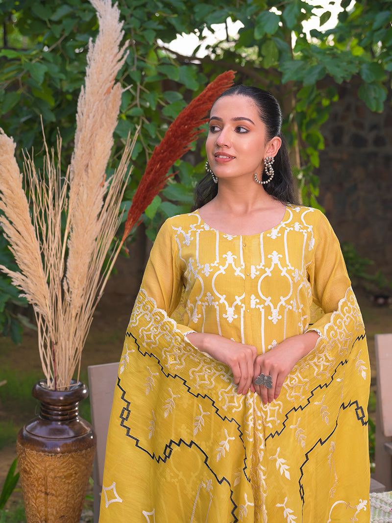 Navya Pure Mul Chanderi Embroidered Kurta Set with Dupatta - Sunset Mustard