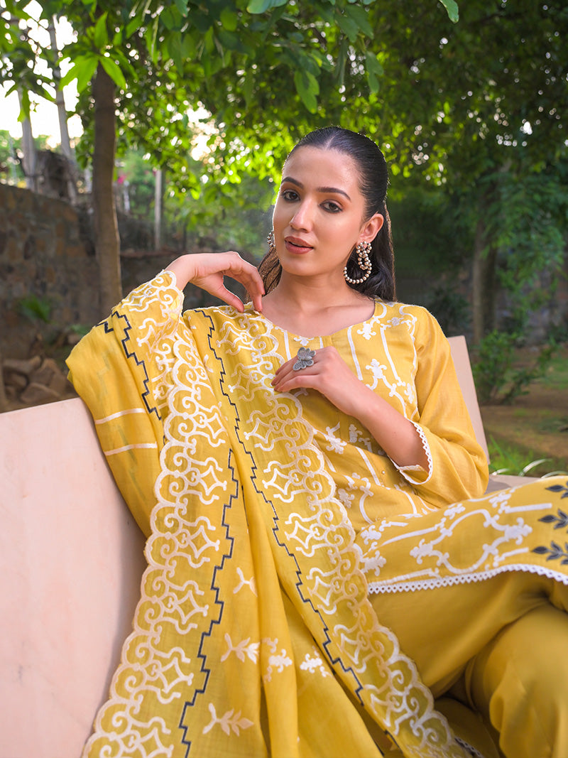 Navya Pure Mul Chanderi Embroidered Kurta Set with Dupatta - Sunset Mustard